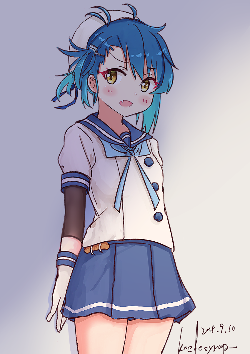 1girl, :d, antenna_hair, arms_behind_back, asymmetrical_bangs, bangs, blue_neckwear, blue_panties