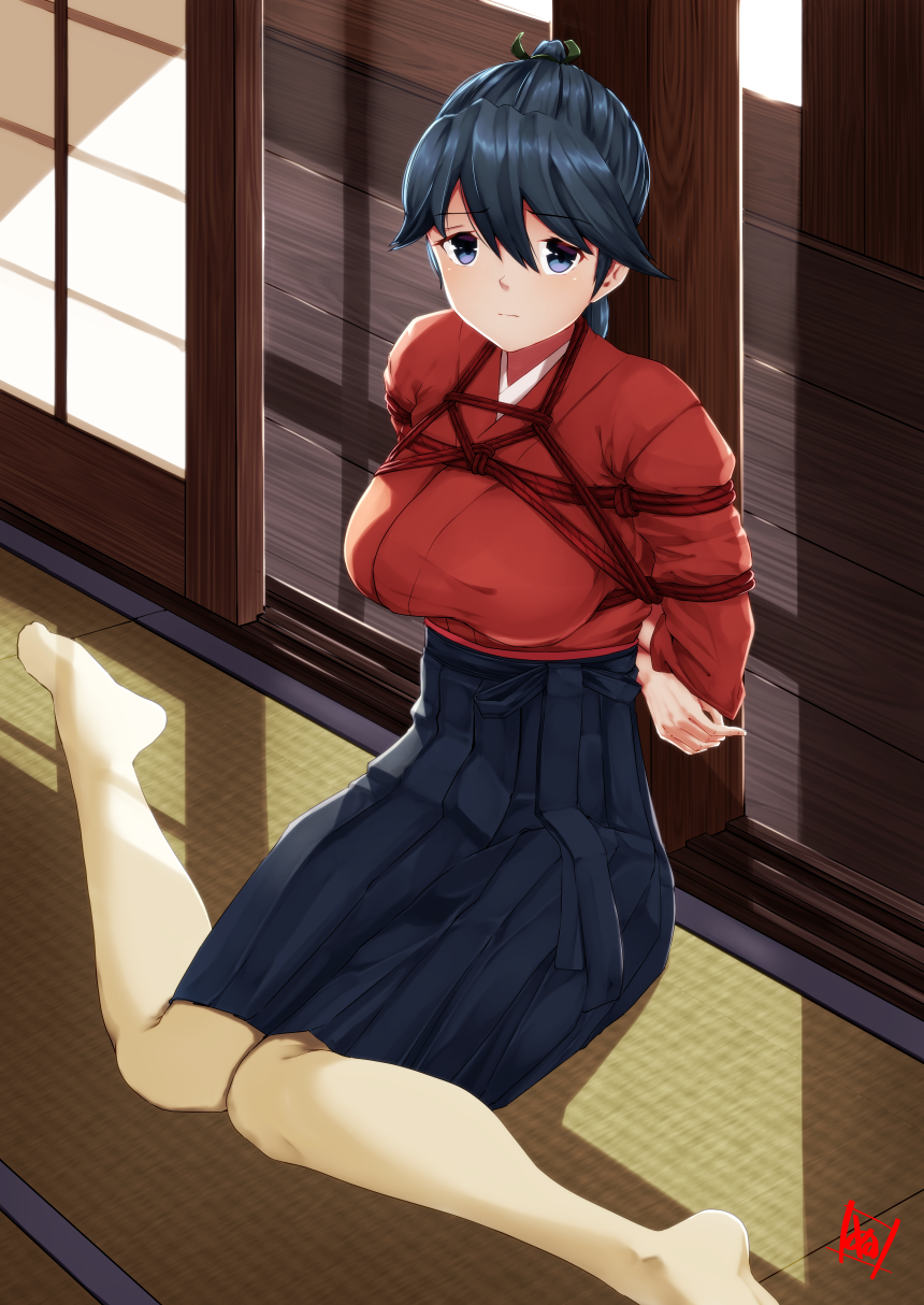 1girl, bdsm, black_hair, blue_eyes, blush, bondage, bound, breasts