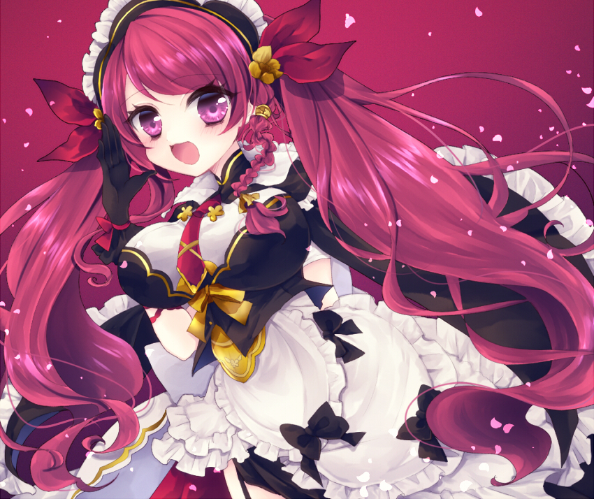 1girl, :d, apron, black_bow, black_dress, black_gloves, bow, braid