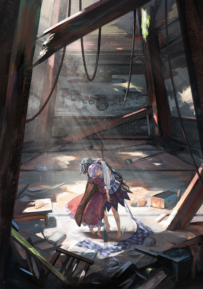 2girls, alternate_hair_length, alternate_hairstyle, bandage, bandaged_leg, bandages, barefoot, black_hair, checkered, closed_eyes, hug, indoors, kijin_seija, long_hair, multicolored_hair, multiple_girls, nimble_fabric, purple_hair, rain, redhead, ruins, sheath, short_hair, skirt, spotlight, streaked_hair, sukuna_shinmyoumaru, table, touhou, water, yamamomo_(plank), yin_yang_orb