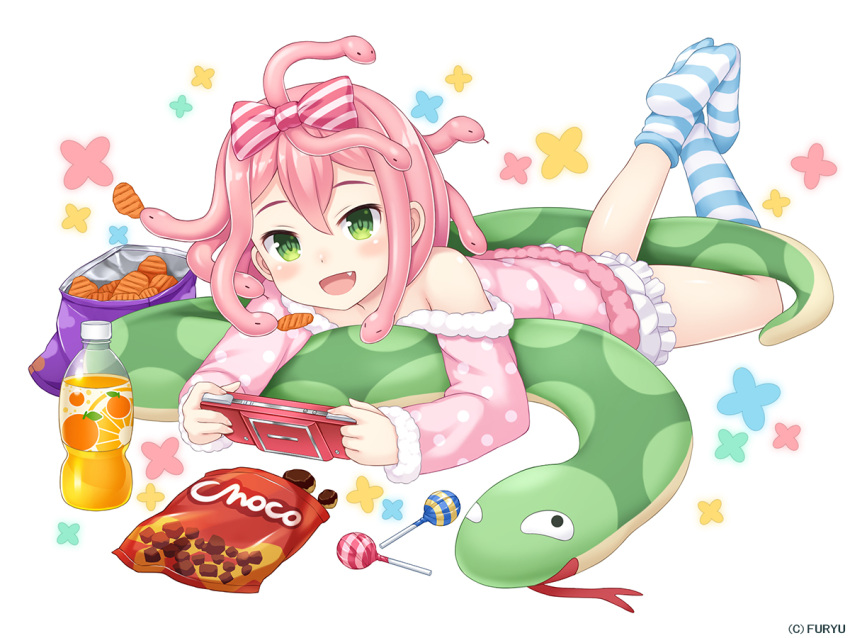 1girl, :d, blue_legwear, blush, bottle, bow, candy, chips