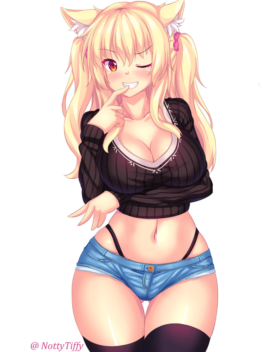 1girl, animal_ears, black_legwear, black_panties, blonde_hair, blush, breasts, cat_ears