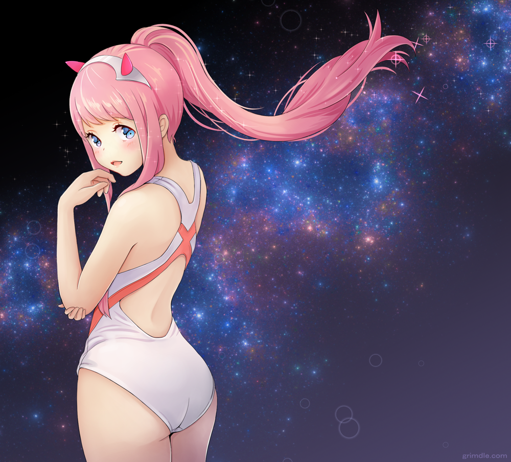 1girl, ass, blue_eyes, breasts, commentary_request, competition_swimsuit, cowboy_shot, darling_in_the_franxx