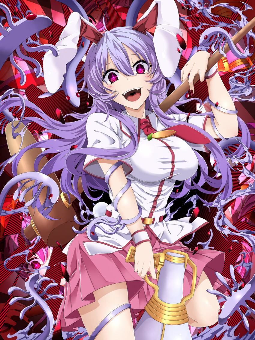 +_+, 1girl, :d, animal_ears, antinomy_of_common_flowers, arm_up, bangs, belt, blush, breasts, commentary_request, cowboy_shot, eyebrows_visible_through_hair, gun, hair_between_eyes, head_tilt, highres, holding, holding_gun, holding_mallet, holding_weapon, kine, kune-kune, large_breasts, leg_up, looking_at_viewer, lunatic_gun, miniskirt, nail_polish, necktie, open_mouth, pink_skirt, purple_hair, rabbit_ears, red_belt, red_eyes, red_nails, red_neckwear, reisen_udongein_inaba, rihito_(usazukin), shirt, short_sleeves, skirt, smile, solo, standing, standing_on_one_leg, thighs, touhou, urban_legend_in_limbo, weapon, white_shirt