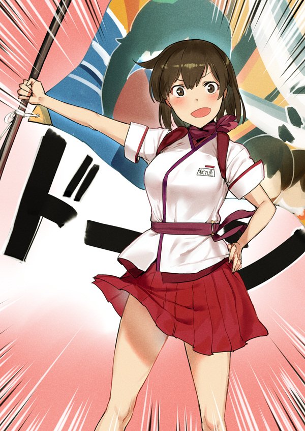 1girl, ascot, brown_eyes, brown_hair, commentary_request, emphasis_lines, employee_uniform, feet_out_of_frame