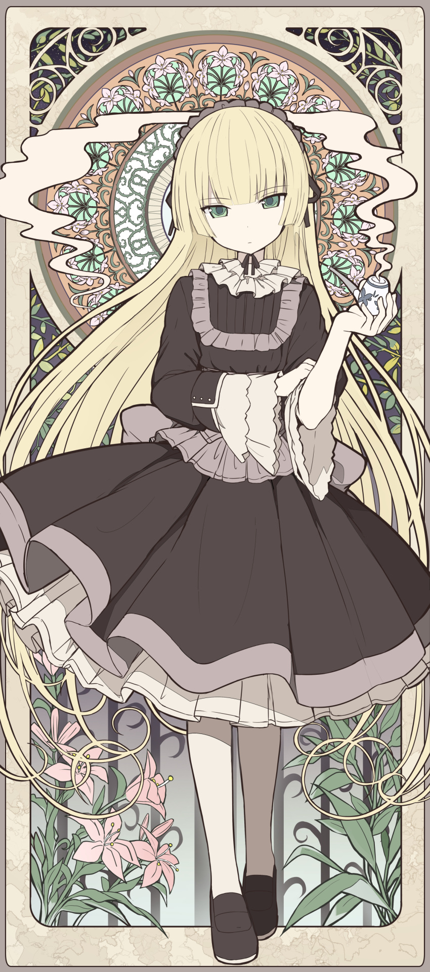 1girl, absurdres, art_nouveau, bangs, blonde_hair, blunt_bangs, brown_dress, brown_footwear