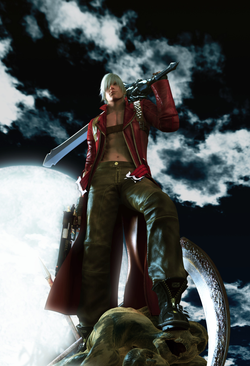 1boy, abs, capcom, cg, cloud, clouds, cloudy_sky, dante