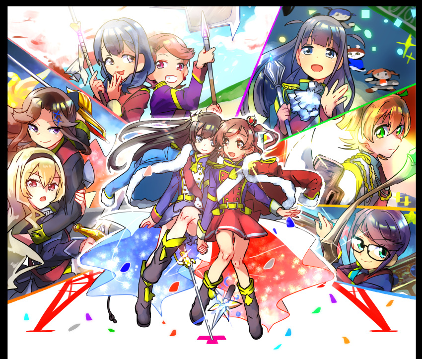 6+girls, :d, absurdres, aijou_karen, arm_around_shoulder, bangs, belt, black_hair