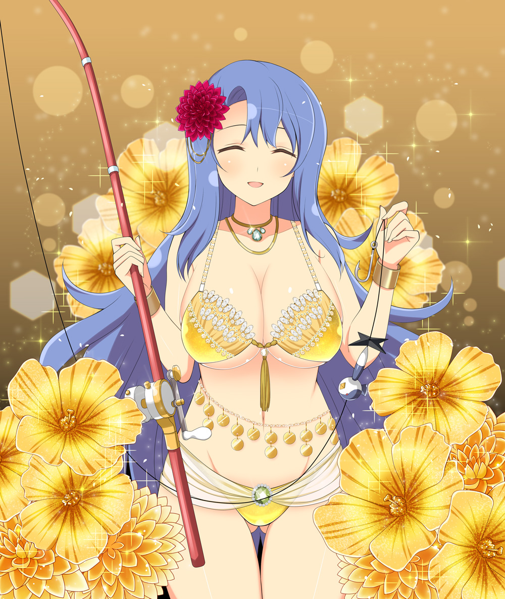 1girl, bikini, blue_hair, bracelet, breasts, cleavage, closed_eyes, fishing_rod