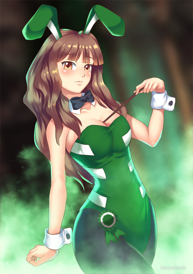1girl, alternate_costume, animal_ears, artist_name, bare_shoulders, between_breasts, black_legwear, blush, bow, bowtie, breasts, brown_eyes, brown_hair, bunny_girl, bunnysuit, cleavage, collarbone, detached_collar, fog, green_leotard, hadant, harry_potter, hermione_granger, indoors, leotard, lips, long_hair, medium_breasts, necktie, pantyhose, playboy_bunny_leotard, rabbit_ears, slytherin, smile, solo, strapless, strapless_leotard, wand, wrist_cuffs