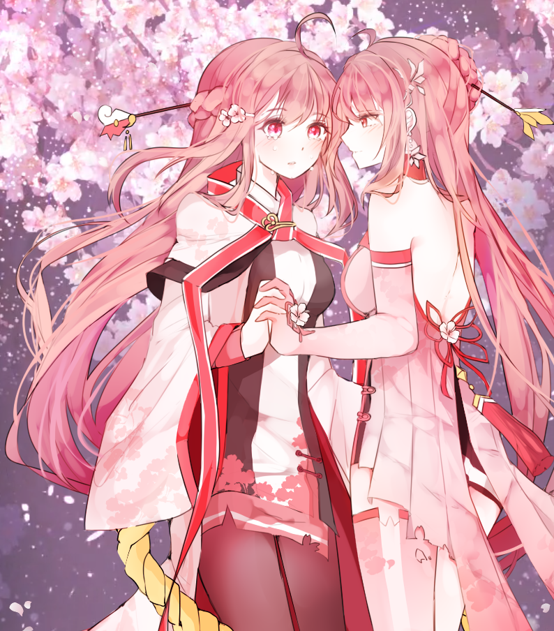 2girls, ahoge, annlin, ara_han, backless_dress, backless_outfit, blush, braid