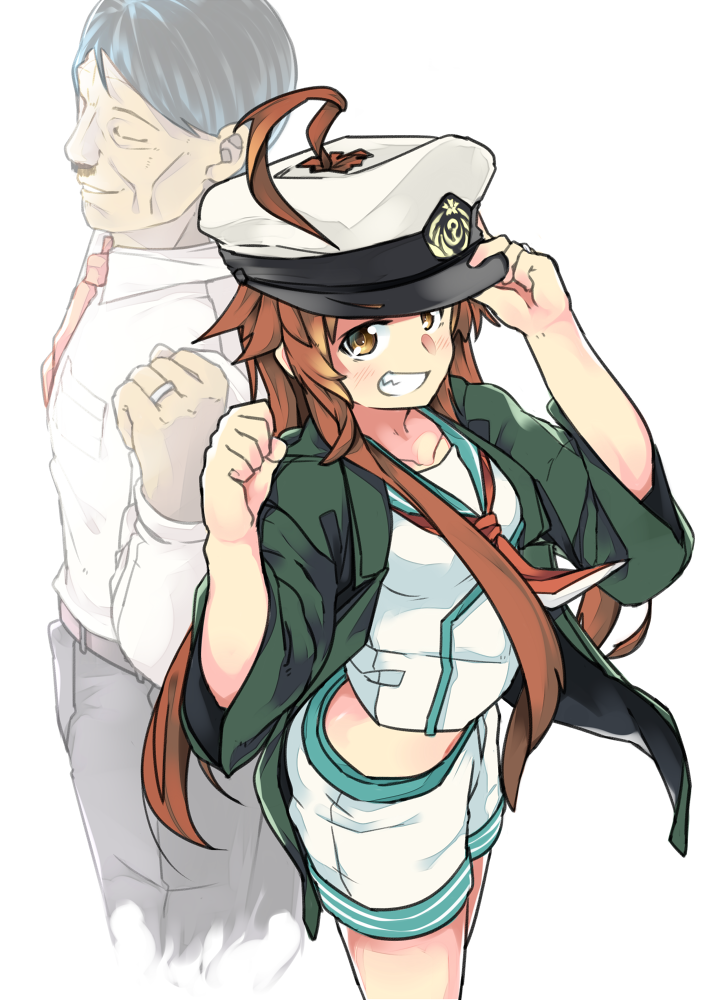 1boy, 1girl, adolf_hitler, ahoge, ahoge_through_headwear, back-to-back, black_hair, blazer