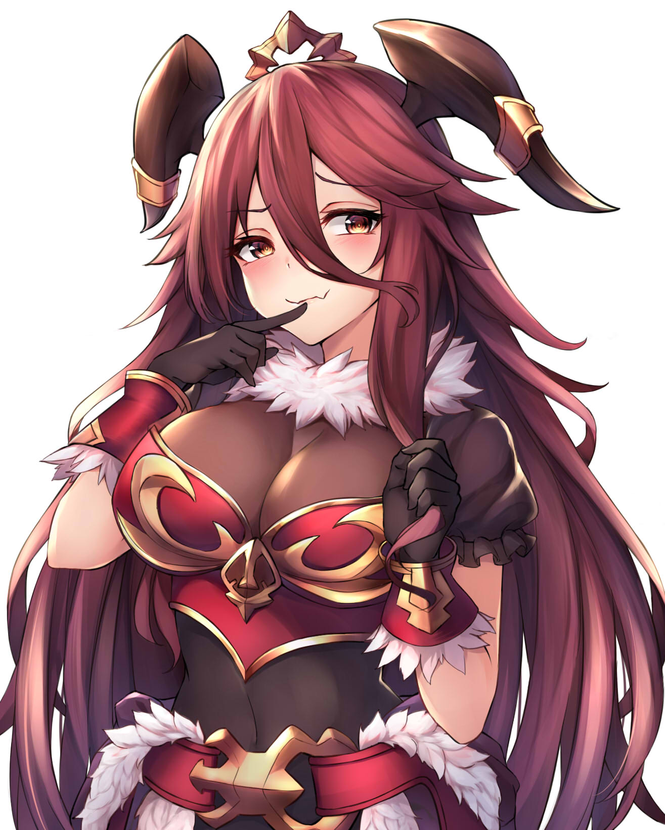 1girl, bangs, black_gloves, blush, breastplate, breasts, brown_shirt, cleavage, closed_mouth, commentary_request, covered_navel, dragalia_lost, eyebrows_visible_through_hair, fang, fang_out, finger_to_mouth, fur_trim, gloves, hair_between_eyes, head_tilt, headpiece, highres, horns, long_hair, looking_at_viewer, mumu_(dragalia_lost), puffy_short_sleeves, puffy_sleeves, red_eyes, redhead, see-through, shirt, short_sleeves, smile, solo, upper_body, very_long_hair, ym_(distance819)