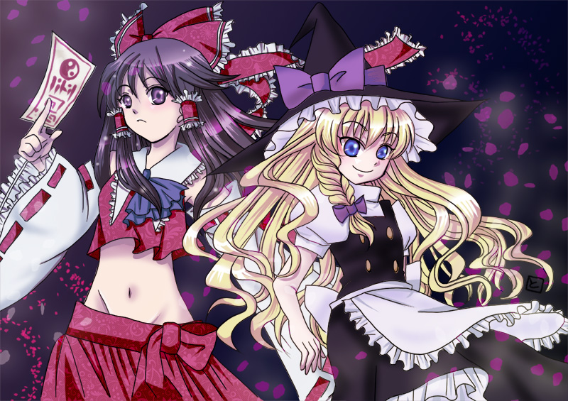 bad_id, black_hair, blonde_hair, blue_eyes, hakurei_reimu, hat, japanese_clothes, kirisame_marisa, long_hair, midriff, miko, mound_of_venus, purple_eyes, ribbon, tomomi_(mltplus), touhou, very_long_hair, witch_hat