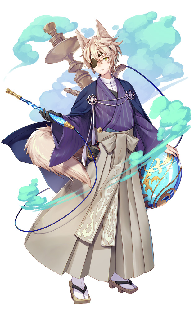 1boy, animal_ears, blonde_hair, blush, bow, commentary_request, eyepatch, fox_boy