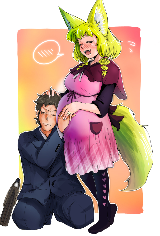 1boy, 1girl, :d, =_=, animal_ears, bangs, blonde_hair, blue_jacket, blue_pants, blush, braid, brown_footwear, brown_hair, business_suit, capelet, closed_eyes, commentary_request, contrapposto, doitsuken, dress, fang, fingernails, flying_sweatdrops, formal, fox_ears, fox_tail, fox_wife_(doitsuken), happy, heart, husband_and_wife, jacket, jewelry, kneeling, long_sleeves, nose_blush, open_mouth, orange_background, original, pants, pantyhose, pink_dress, pregnant, purple_legwear, red_capelet, ring, shoes, smile, spoken_blush, standing, suit, suitcase, tail, tears, twin_braids, wedding_band