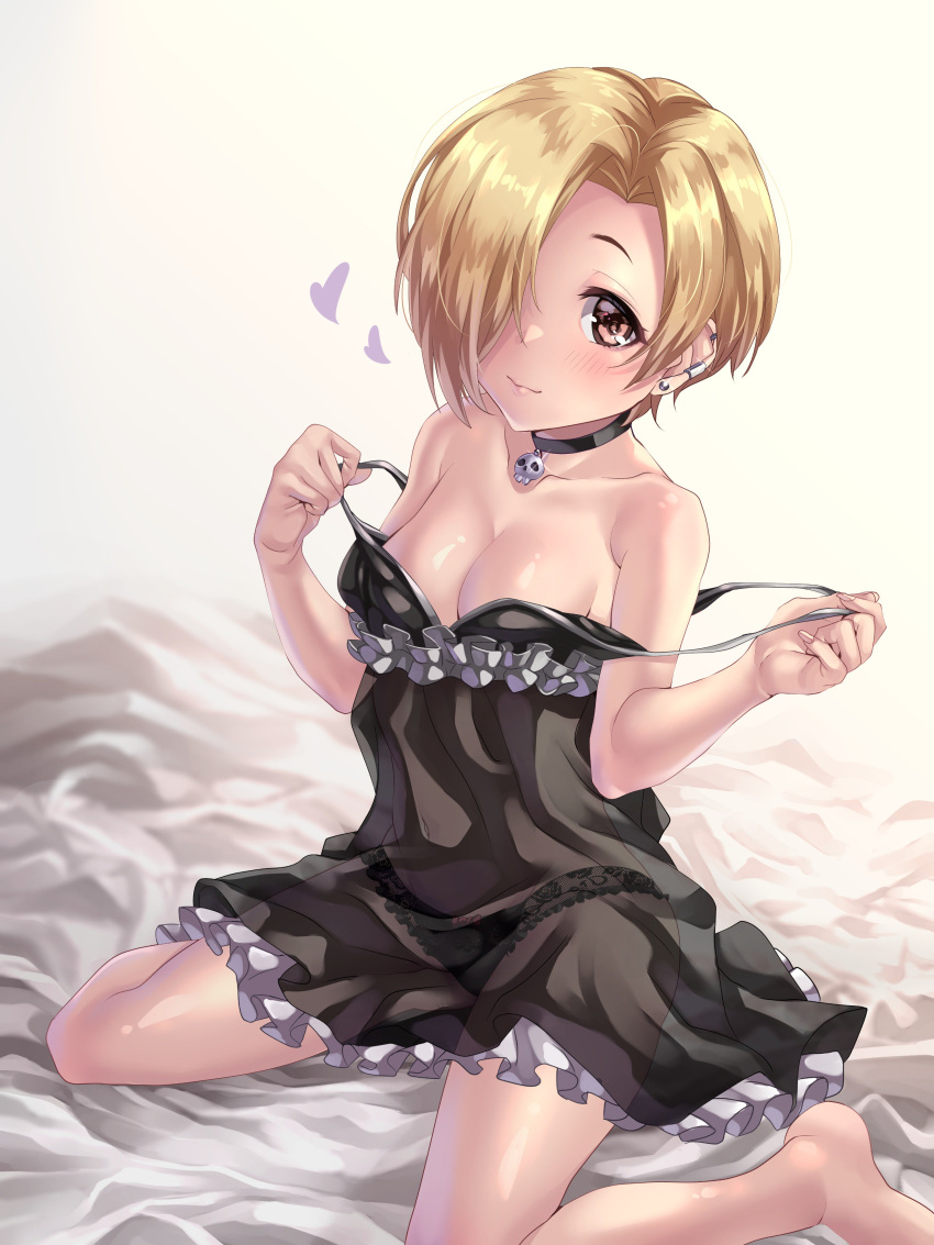 1girl, absurdres, babydoll, backlighting, bare_shoulders, bed_sheet, black_panties, blonde_hair