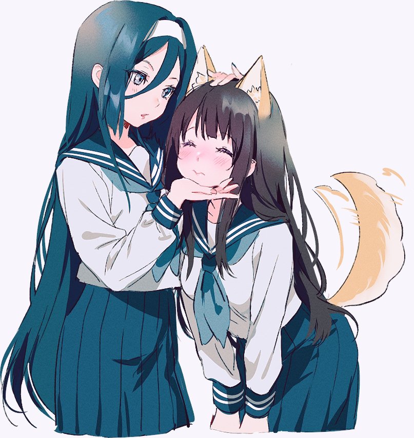 2girls, animal_ears, bangs, blunt_bangs, blush, chitanda_eru, closed_eyes, dog_ears