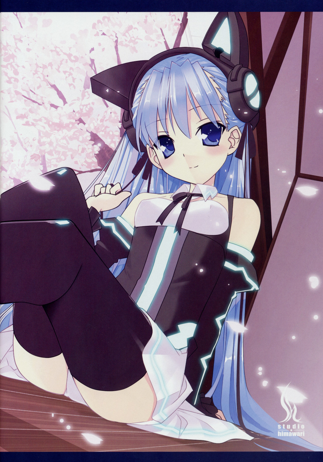 blue_eyes, blue_hair, blush, detached_sleeves, doujinshi, highres, himukai_kyousuke, hinata_kyousuke, long_hair, nana_(pikopiko), panties, pantyshot, pikopiko_~koisuru_kimochi_no_nemuru_basho~, sitting, smile, thigh-highs, thighhighs, underwear, white_panties