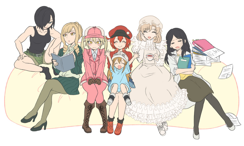 6+girls, ae-3803, ahoge, apron, arms_up, baseball_cap, belt, black_hair