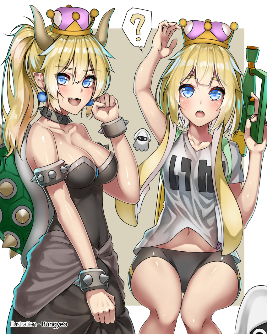 2girls, :d, :o, ?, absurdres, arm_up, armlet, artist_name