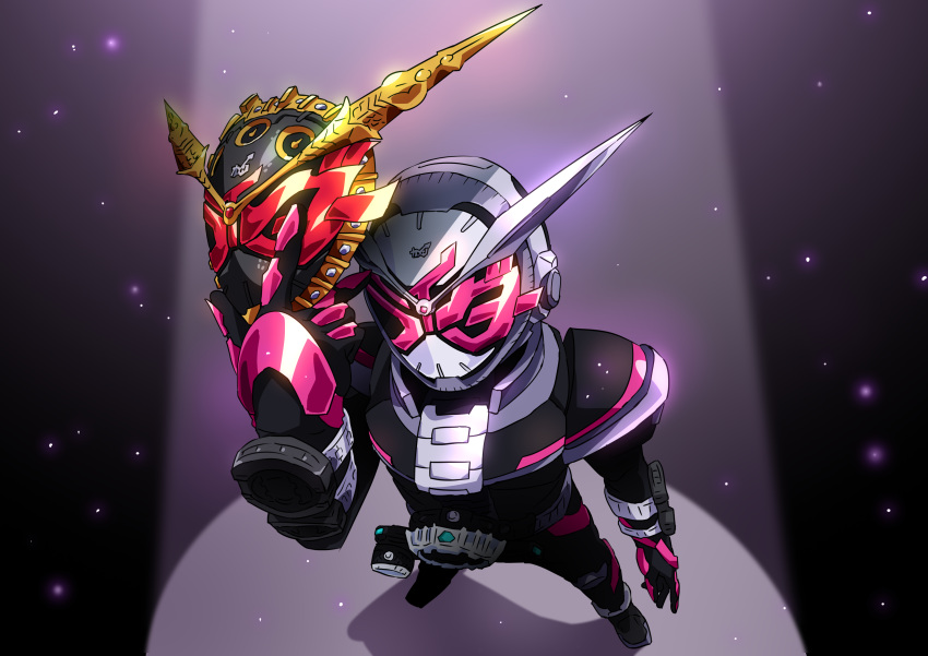 1boy, absurdres, armor, belt, bodysuit, commentary_request, dual_persona, from_above