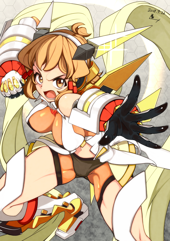 1girl, artist_name, bangs, bike_shorts, bracer, brown_eyes, brown_hair, clenched_hand, commentary_request, crop_top, dated, diffraction_spikes, fighting_stance, frown, gauntlets, greaves, headgear, headphones, hexagon, looking_at_viewer, muu_(d-muu), navel, open_mouth, orange_footwear, orange_shirt, orange_shorts, overskirt, senki_zesshou_symphogear, shirt, short_hair, short_shorts, shorts, signature, sleeveless, sleeveless_shirt, solo, sparkle, standing, symphogear_pendant, tachibana_hibiki_(symphogear), v-shaped_eyebrows