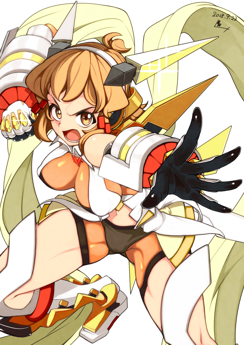 1girl, absurdres, artist_name, bangs, bike_shorts, bracer, brown_eyes, brown_hair