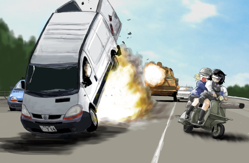2girls, andou_(girls_und_panzer), bangs, bc_freedom_school_uniform, black_footwear, black_hair, black_legwear, black_skirt