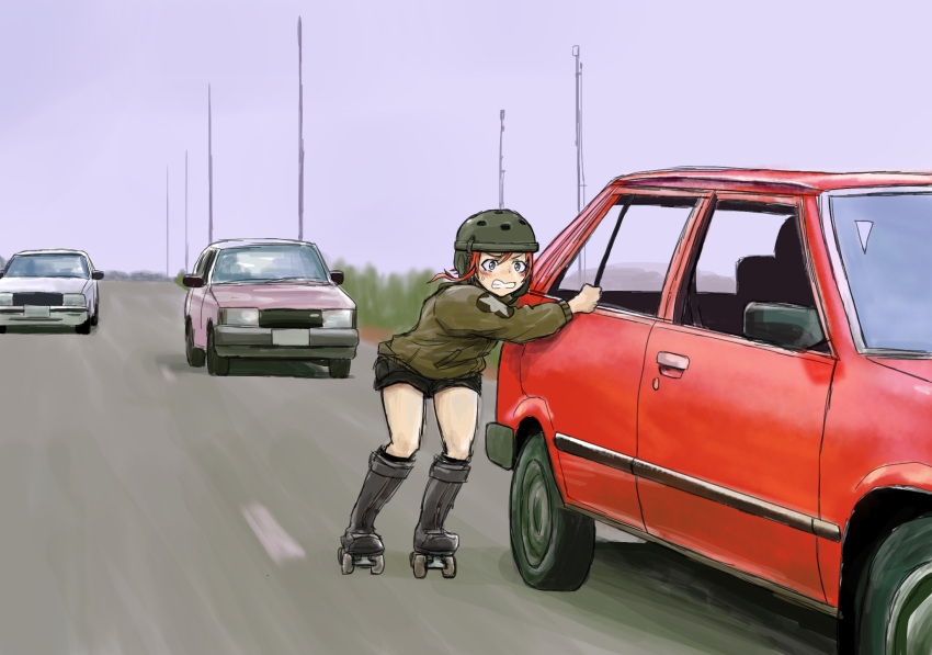 1girl, bangs, black_shorts, blue_sky, brown_eyes, brown_hair, brown_jacket, car
