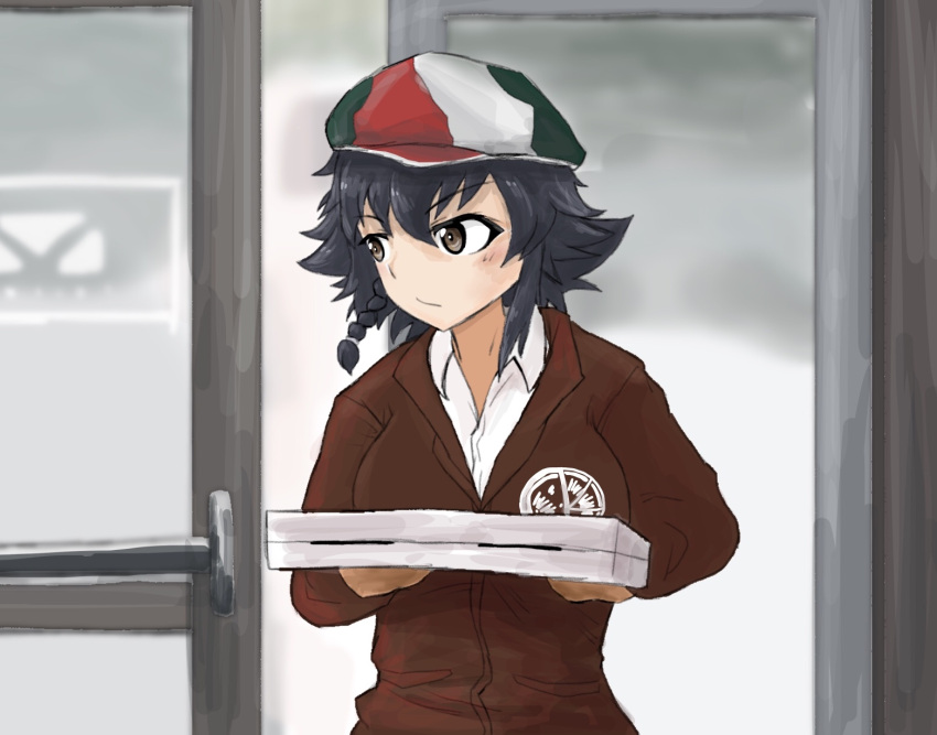 1girl, bangs, black_hair, braid, brown_eyes, brown_jacket, cabbie_hat, collared_shirt