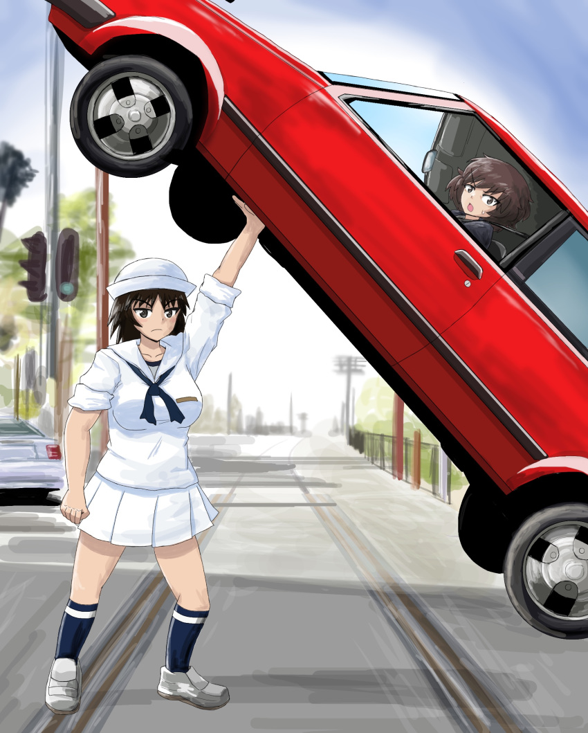 2girls, akiyama_yukari, bangs, black_eyes, black_hair, black_neckwear, blouse, blue_sky