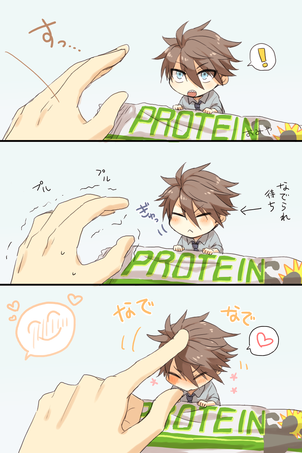1boy, akuno_hideo, blue_eyes, blush, chibi, closed_eyes, comic, heart