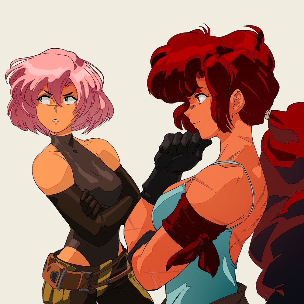 2girls, 90s, armband, belt, belt_pouch, big_hair, black_gloves, breasts