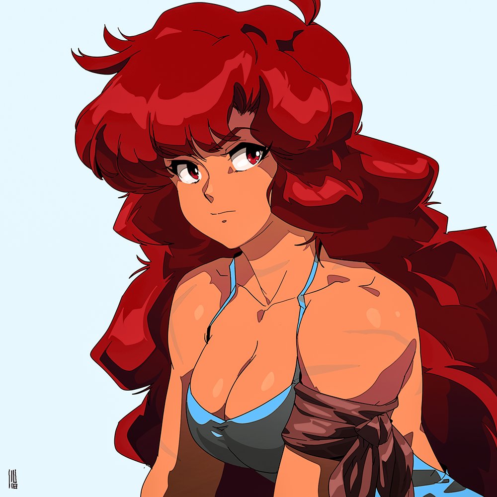 1girl, 90s, armband, bangs, big_hair, breasts, camisole, cleavage
