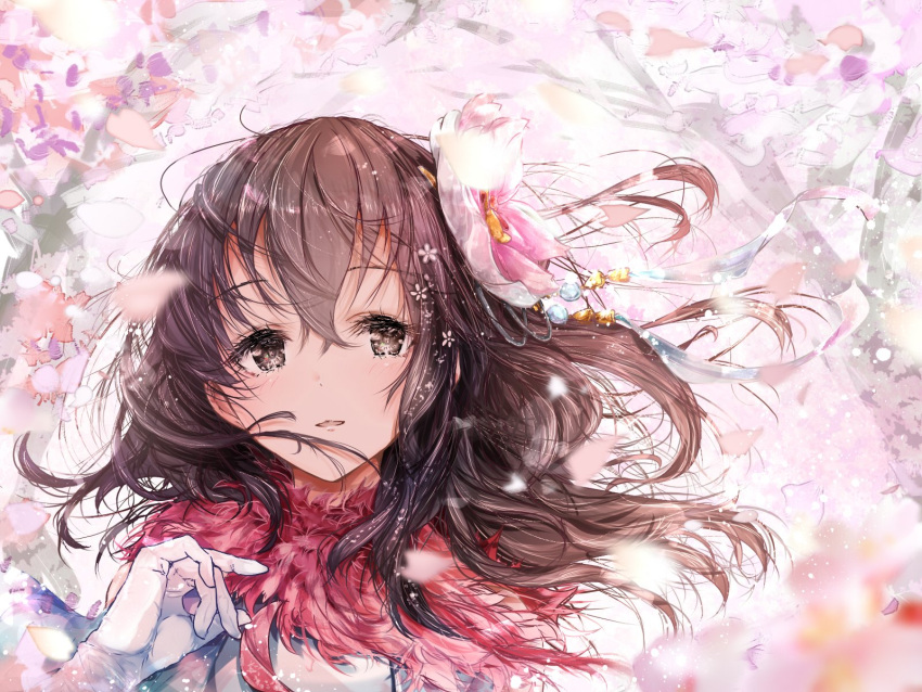 1girl, black_hair, brown_eyes, commentary_request, fujiwara_hajime, fur_scarf, gloves, hair_between_eyes