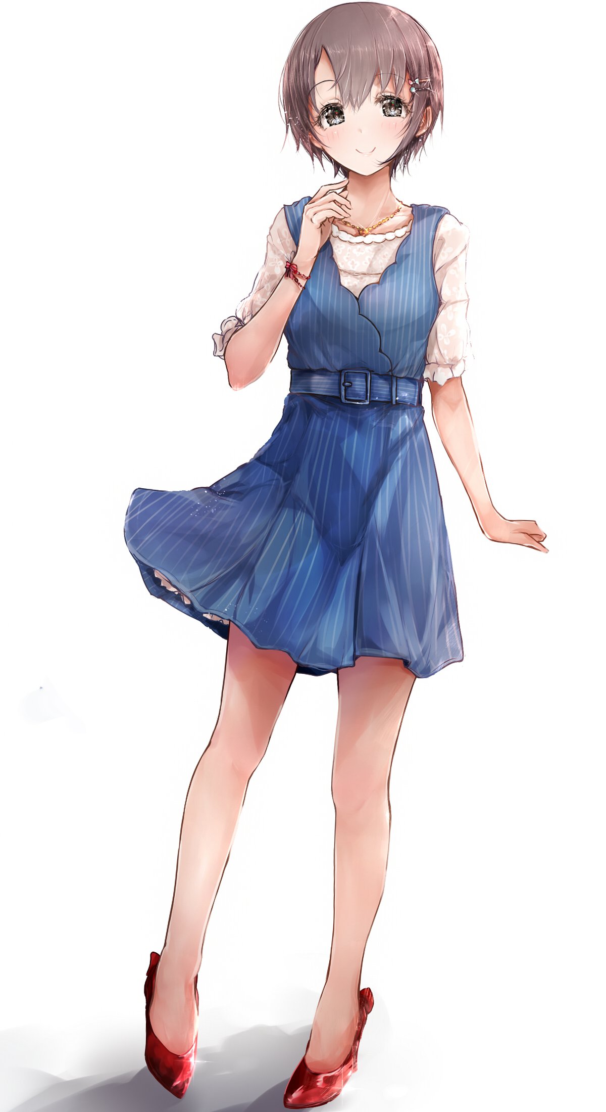 1girl, belt, black_eyes, commentary_request, dress, full_body, grey_hair, hair_ornament