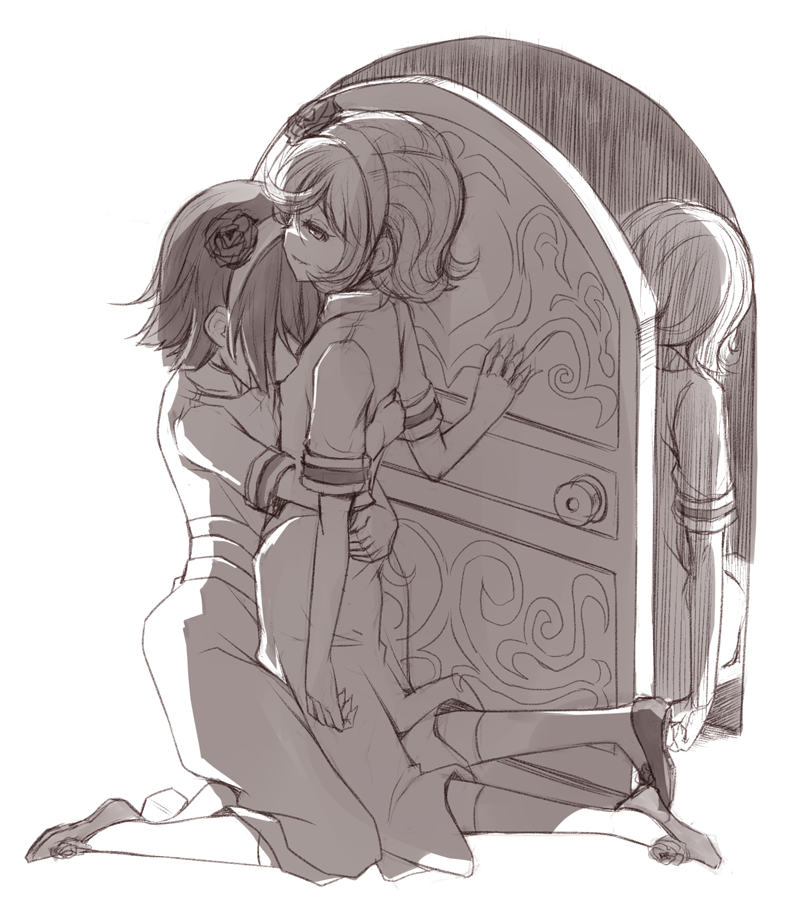 3girls, arashiya, bangs, door, flower, fuugetsu_hui_guo_rou, hair_flower, hair_ornament, hairband, hug, hunter_x_hunter, kachou_hui_guo_rou, kneeling, monochrome, multiple_girls, shoes, short_hair, simple_background, socks, spoilers, tagme, white_background