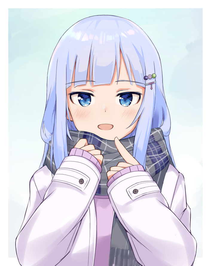1girl, :d, adjusting_scarf, aqua_background, bangs, blue_eyes, blunt_bangs, blush