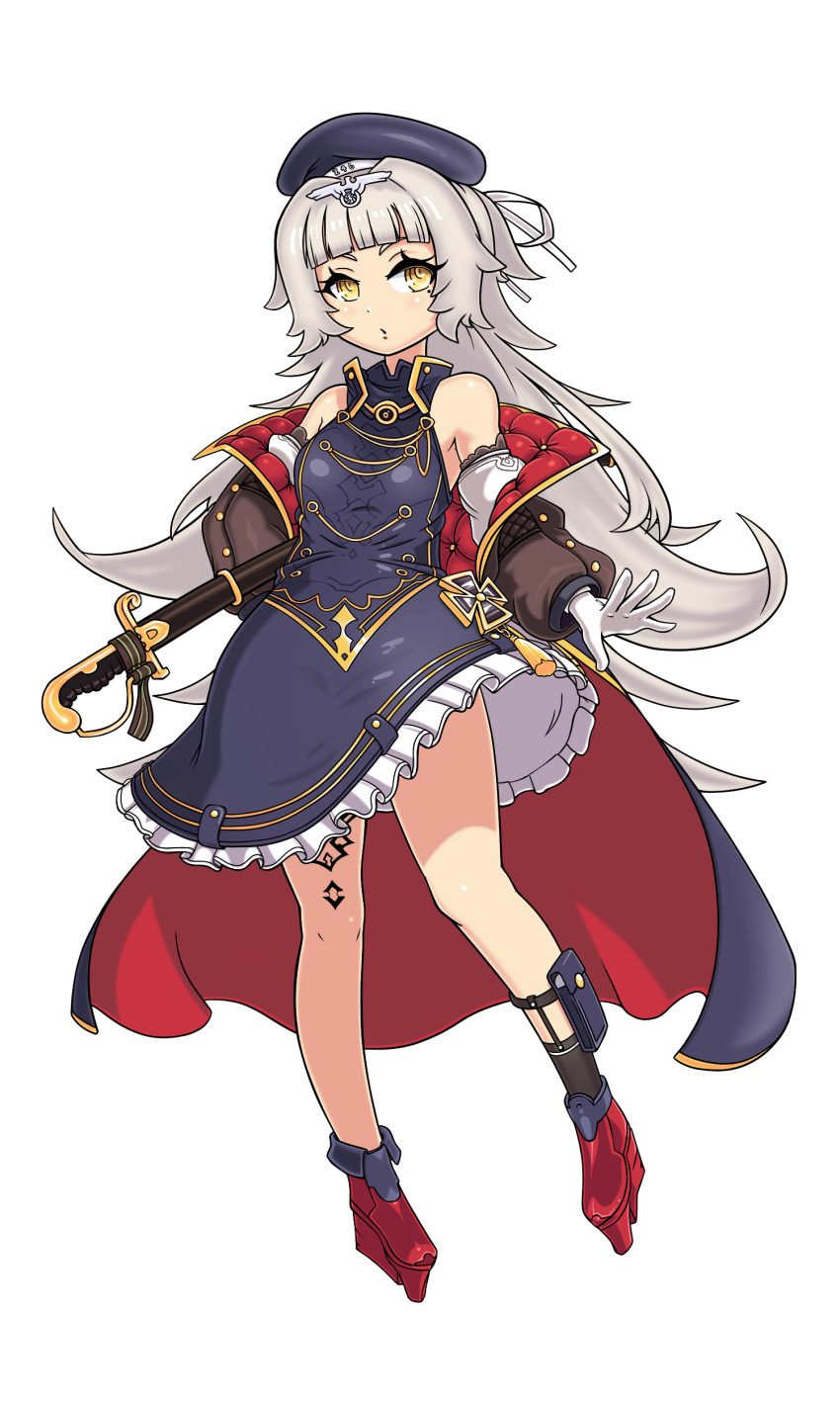 1girl, absurdres, azur_lane, bangs, bare_shoulders, beret, blunt_bangs, detached_sleeves, hat, highres, iron_cross, long_hair, off_shoulder, saber_(weapon), solo, stacking_mann, sword, transparent_background, very_long_hair, weapon, white_hair, yellow_eyes, z46_(azur_lane)