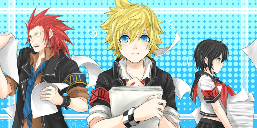 1girl, 2boys, axel_(kingdom_hearts), blonde_hair, blue_eyes, breasts, closed_mouth, green_eyes