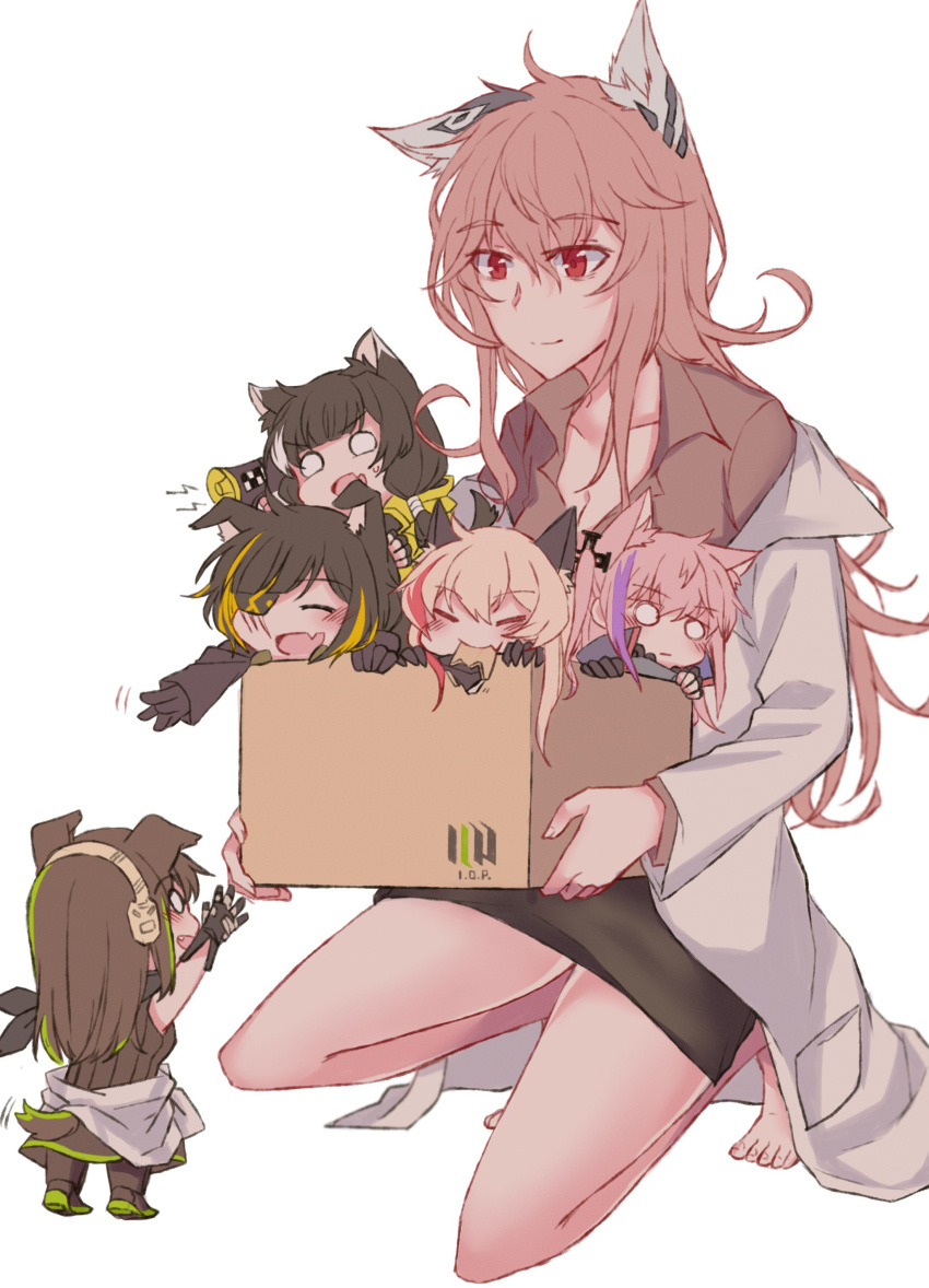 6+girls, absurdres, animal_ears, anti-rain_(girls_frontline), barefoot, box, cat_ears, chibi