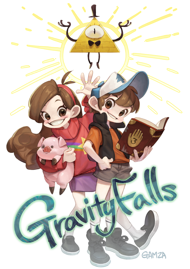 1boy, 1girl, animal, ankle_socks, bill_cipher, blush, book, brown_eyes