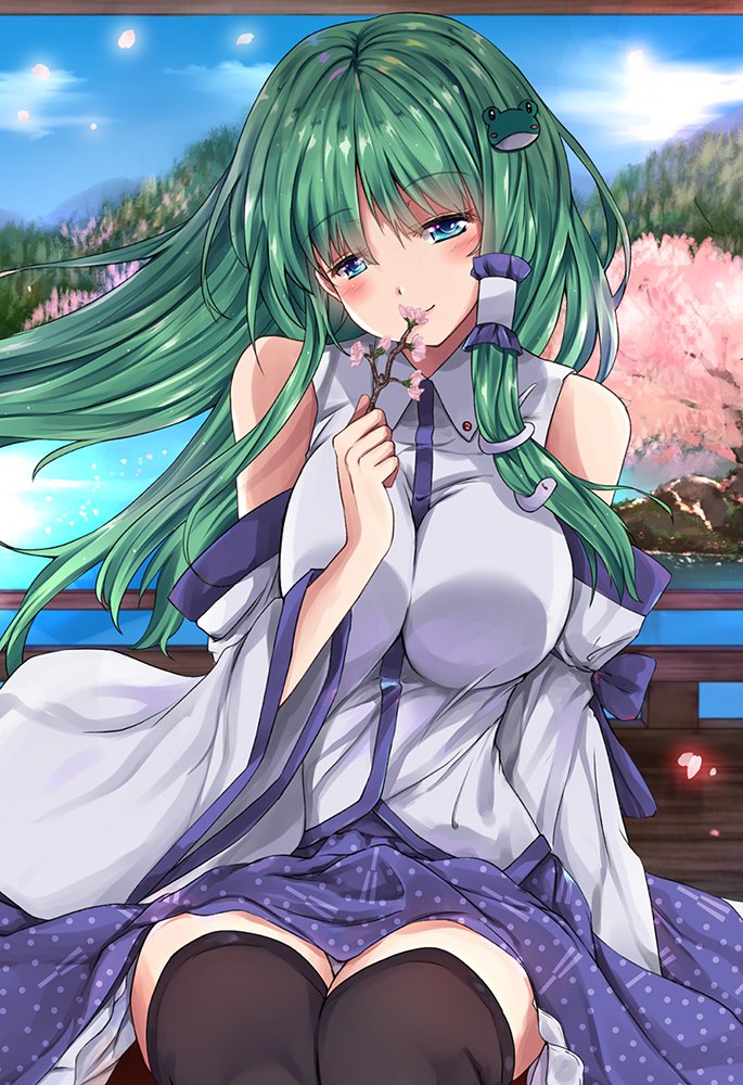 1girl, bare_shoulders, bench, black_legwear, blue_eyes, blue_sky, blush, breast