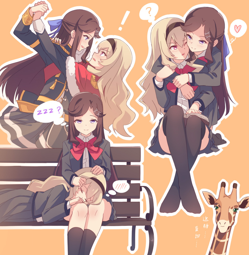 !, 2girls, ?, bench, black_legwear, blonde_hair, blush, brown_hair, giraffe, giraffe_(revue_starlight), hair_ornament, hairband, hands_on_another's_head, highres, hug, hug_from_behind, lap_pillow, lying, multiple_girls, natsu97, orange_background, pink_eyes, saijou_claudine, school_uniform, shoujo_kageki_revue_starlight, sitting, socks, tendou_maya, thigh-highs, thought_bubble, violet_eyes, yuri, zzz