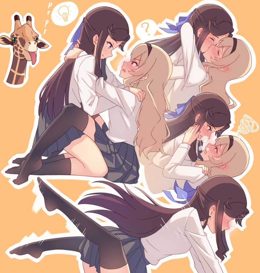 2girls, black_legwear, blonde_hair, blush, brown_hair, giraffe_(revue_starlight), hair_ornament, hair_ribbon, hairband, hands_on_another's_face, hands_on_another's_shoulders, highres, kiss, kneeling, legs_up, multiple_girls, natsu97, orange_background, pink_eyes, purple_ribbon, pushing_down, ribbon, saijou_claudine, saliva, saliva_trail, shoujo_kageki_revue_starlight, sitting, skirt, tendou_maya, thigh-highs, thought_bubble, violet_eyes, yuri