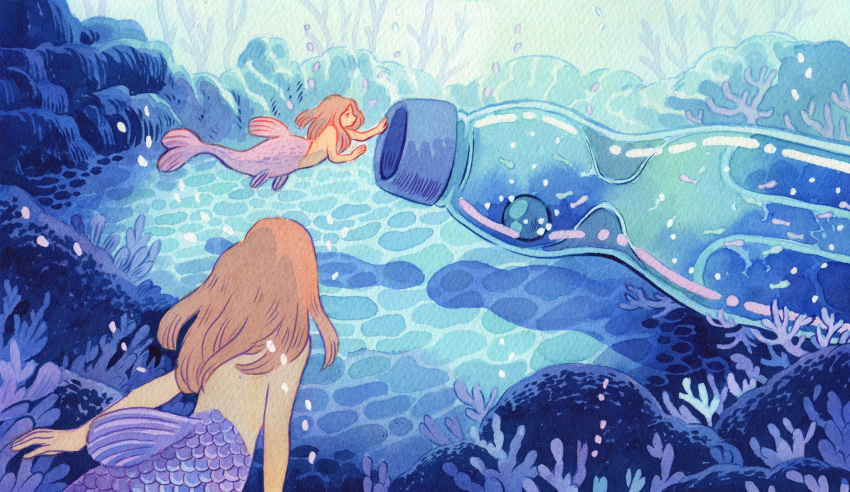 2girls, bottle, brown_hair, bubble, fins, from_behind, heikala, highres