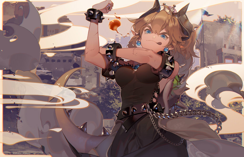 1girl, armlet, bare_shoulders, beige_background, black_collar, black_dress, blonde_hair, blue_eyes, borrowed_design, bowsette, bracelet, breasts, breathing_fire, closed_mouth, commentary, crown, dress, earrings, fire, horns, jewelry, kawacy, long_hair, medium_breasts, new_super_mario_bros._u_deluxe, nintendo, pointy_ears, ponytail, smile, solo, spiked_armlet, spiked_bracelet, spiked_shell, spikes, strapless, strapless_dress, super_crown, super_mario_bros., tail, tongue, tongue_out, turtle_shell, upper_body, we_can_do_it!