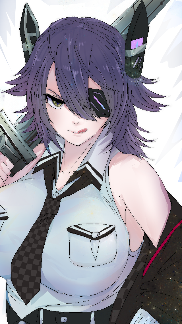 1girl, bangs, blush, breast_pocket, breasts, checkered, checkered_neckwear, closed_mouth