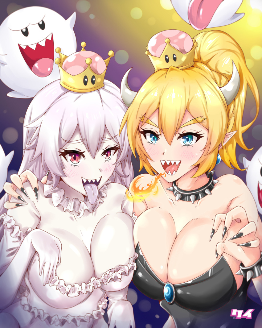 2girls, adapted_costume, aqua_earrings, aqua_eyes, arm_around_shoulder, backlighting, bangs, bare_shoulders, black_dress, black_nails, blonde_hair, blush, boo, bowsette, bracelet, breasts, breathing_fire, brooch, choker, claw_pose, cleavage, collar, dress, elbow_gloves, eyebrows_visible_through_hair, fingernails, fire, frilled_choker, frilled_dress, frills, ghost_pose, gloves, hand_on_another's_shoulder, high_ponytail, highres, horns, huge_breasts, jewelry, keikyu_(tiltedcube), lavender_hair, light, light_particles, long_hair, long_ponytail, looking_at_viewer, super_mario_bros., multiple_girls, nail_polish, new_super_mario_bros._u_deluxe, nintendo, open_mouth, pale_skin, pointy_ears, princess_king_boo, red_eyes, sharp_fingernails, sharp_teeth, shiny, shiny_clothes, shiny_hair, shiny_skin, short_hair, side-by-side, sidelocks, smile, spiked_bracelet, spiked_collar, spikes, strapless, strapless_dress, super_crown, tail, teeth, tongue, tongue_out, very_long_hair, white_choker, white_dress, white_gloves, white_skin